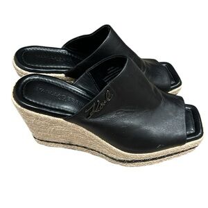 Karl Lagerfeld Paris Carissa Black Leather High Wedge Espadrille Sandal 6 Med